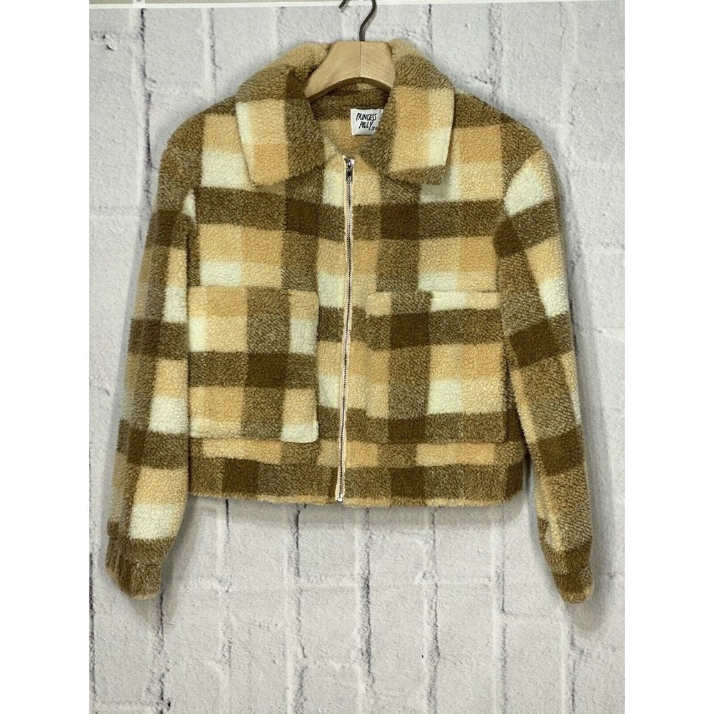Princess Polly Doria Cropped Plaid Teddy Sherpa Full Zip Jacket Size 4 Pockets